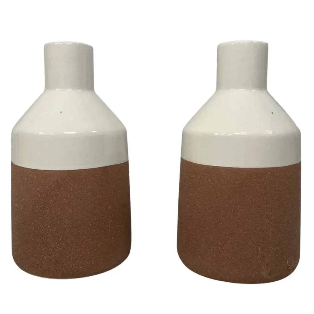 Rustic White Brown Ceramic Bud Vase Set of 2